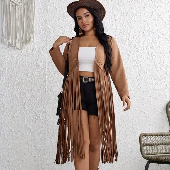 NEW PLUS SZ FRINGE HEM BEADED DETAIL OPEN FRONT COAT VEST - Picture 4 of 6